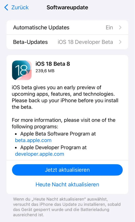 扎兰屯苹果手机维修分享苹果 iOS / iPadOS 18 开发者预览版 Beta 8 发布 